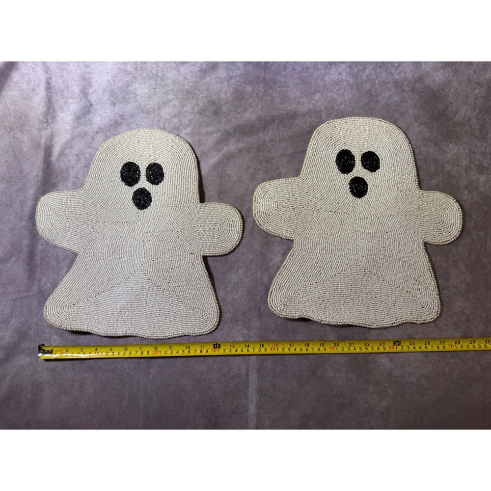 Kirklands Home Beaded Ghost Placemats Halloween Table Decor White Black Set of 2
